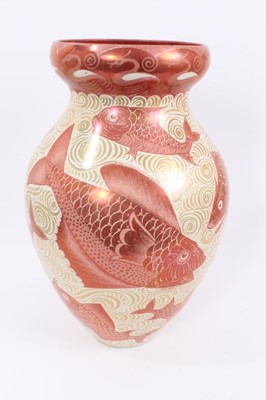 Lot 147 - A William de Morgan ruby lustre fish vase