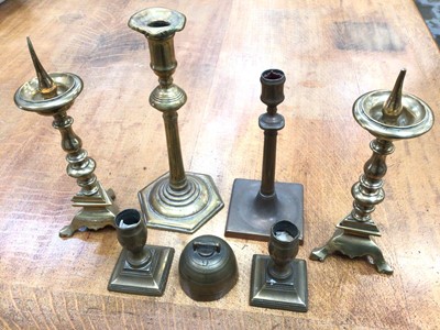 Lot 862 - 18th century bell metal candlestick on hexagonal base, others