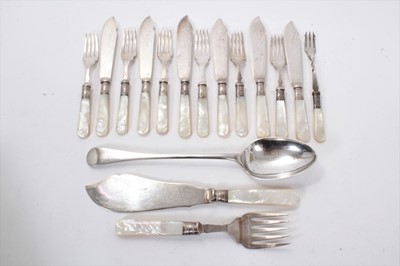 Lot 288 - Set of six pairs of 1920s plated fish eaters and matching servers with mother of pearl handles
