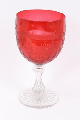 Lot 141 - Victorian cranberry overlay crystal goblet hand engraved 'Ben Topp Rushton Arms Aug 4th 1877' beneath a fish possibly celebrating the result of a fishing competition