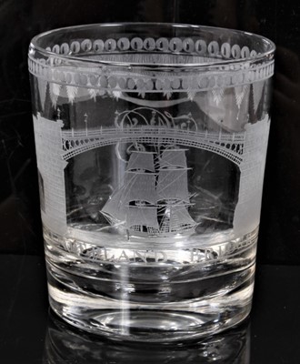Lot 142 - Early 19th century Sunderland Bridge large tumbler engraved with boat, bridge, border and initials, Polished pontil 11cm tall 9.3cm width