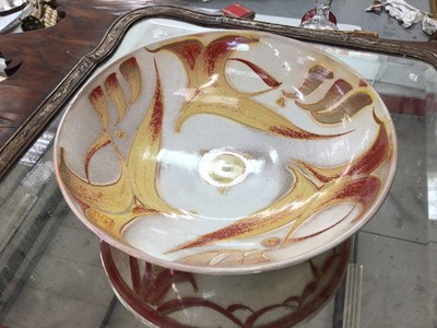 Lot 102 - Ceramic bowl with yellow and lustre freeform decoration.  Various signatures to reverse. Caiger-Smith