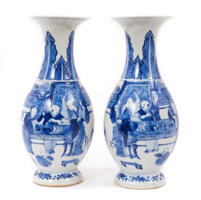 Lot 125 - A pair of 19th century Chinese blue and white porcelain vases, of baluster form, each painted with a figural scene, with foliate patterns around the neck and foot, 23cm high