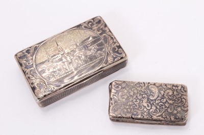 Lot 520 - Imperial Russian silver niellowork snuff box decorated with castle scenes and floral scrollwork , 84 standard mark, dated 1844, 8 x 5 x1.5cm and another (2)