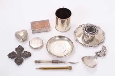 Lot 320 - Victorian silver buckle , silver inkwell, heart-shaped pill box and other silver and plated items