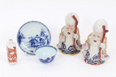 Lot 131 - A pair of Chinese famille rose figures of Shou Lao, probably Republic period, together with a snuff bottle painted in iron red with the Eight Horses of Wang Mu, and a Nanking Cargo tea bowl and sau...