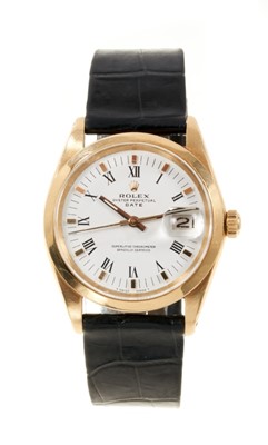 Lot 608 - Gentlemen's Rolex gold 18ct Oyster Perpetual Date wristwatch with white dial, Roman numerals and gilt batons on Rolex black crocodile strap with gilt Rolex buckle in Rolex box and outer case with m...