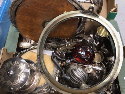 Lot 294 - Box of assorted silver plate, together with two badly damaged candelabra