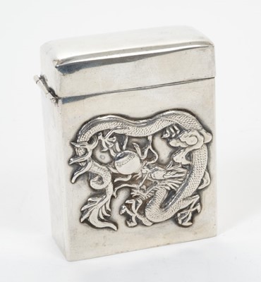 Lot 348 - Late 19th/early 20th century Chinese silver cigarette box of plain rectangular form, the front panel with raised Dragon decoration, underside stamped "Sterling" All at approximately 3ozs. 7.7cm ove...