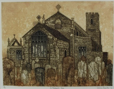 Lot 1021 - *Valerie Thornton (1931-1991) signed limited edition etching and aquatint - St Margaret's, Cley, 37/70, dated '73, 42cm x 54cm, in glazed frame