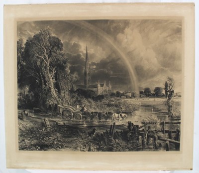 Lot 1064 - David Lucas after John Constable, mezzotint - The Rainbow, Salisbury Cathedral, published by Hodgson & Graves, March 20th 1837, mounted on a wooden stretcher, 70.5cm x 80.5cm