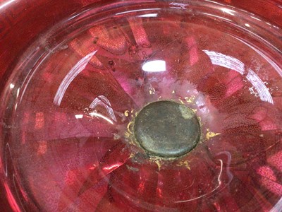 Lot 152 - A late 19th century Bohemian cranberry glass centrepiece, the circular bowl with gilt Greek Key pattern, above a pedestal base with gilt patterns and oval painted portrait of a young woman, 33.5cm...