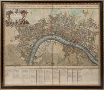 Lot 840 - S. Parker, hand-coloured engraving: "A Plan of the City's of London, Westminster and Borough of Southwark; With the New Additional Buildings; Anno 1720", revised by John Senex, image 49 x 58cm, gla...