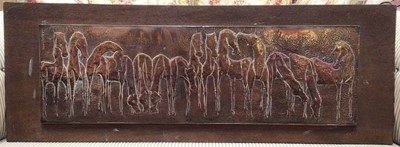 Lot 694 - Nang Seng Lim (1916-1987), beaten copper panel decorated with horses entitled on reverse ' Team of horses', mounted on panel 39 x109cm