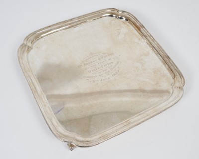 Lot 357 - George VI silver salver of square form with presentation inscription