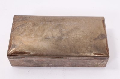 Lot 360 - Early 20th century German silver cigarette box of rectangular form with engraved presentation inscription to lid 'K. H. G. from W. J. K. oh yes. Oct. 31st 1912', marked with crown and crescent moon...