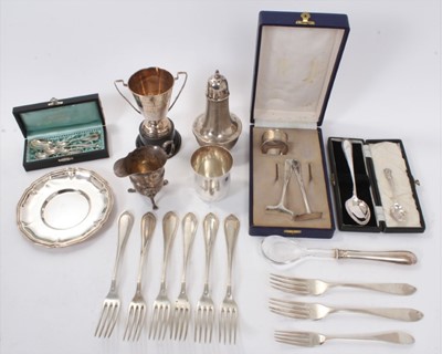 Lot 363 - Pair of George III silver table forks, (Dublin 1803), together with other silver flatware, silver cream jug and other silver and white metal items (various dates and makers),18ozs of 800 silver 12....