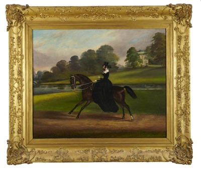Lot 933 - John Vine of Colchester (c.1809-1867) oil on canvas - Emma Sparrow, riding her hunter, Anachase, in the grounds of Gosfield Place, signed, inscribed Colchester and dated 1842, 62.5cm x 76cm, in gil...