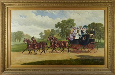 Lot 932 - Alfred Frank de Parades (1825-1895) oil on canvas - Basil Sparrow of Gosfield Place driving his wife and family to Church, signed and dated 1874, 82cm x 137cm, in gilt frame
