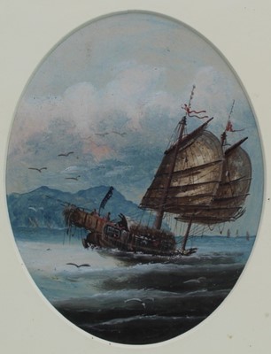 Lot 231 - Chinese School, early 20th century, oval gouache on paper - Junk off the Coast, 22.5cm x 17cm, in glazed gilt frame