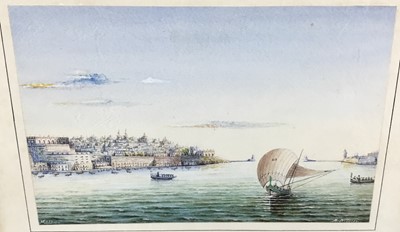 Lot 247 - A.Nicolas, watercolour - Malta, signed and inscribed, 18cm x 28cm, together with another similar view, initialled, 19cm x 9.5cm, in glazed frames (2)