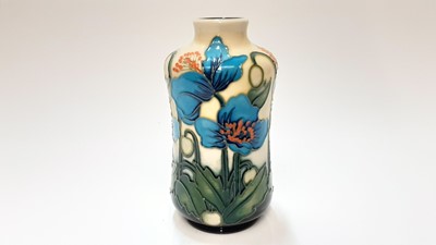 Lot 1105 - Moorcroft pottery vase decorated in the Cambrian Blue pattern, signed Kerry Goodwin, club piece 2011 with 25th Anniversary backstamp, 13.5cm high