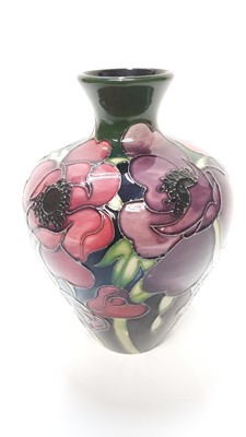 Lot 1114 - Moorcroft pottery vase decorated in the Anemone Tribute pattern by Emma Bossons, painted by Joanne Megyesi, dated 2003, 18.5cm high, boxed