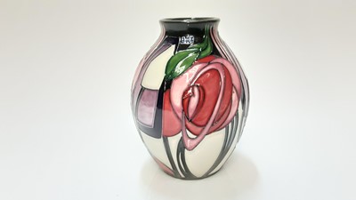 Lot 1115 - Moorcroft pottery vase decorated in the Glasgow Rose pattern by Emma Bossons, 2 star design, dated 2008, 13.5cm high