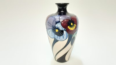 Lot 1117 - Moorcroft pottery limited edition vase decorated in the Pansy Pastime (locked room) pattern by Rachel Bishop, no. 46 of 50, dated 2010, 16cm high