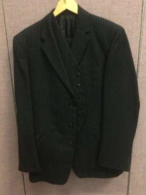 Lot 2056 - Vintage Hector Powe -  two wool pinstripe three piece suits one black 1967 and the other navy 1968.