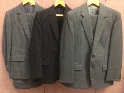 Lot 2060 - Vintage Sam's Taylor Hongkong - two pinstripe suits and one jacket, black dinner suit with satin lapels and trouser stripe by Kwlin Lee Tailor, black Morning coat with grey half waistcoat by Moss B...