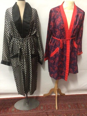 Lot 2063 - Hornes of London gentlemen's vintage dressing gown with printed Chinese dragon design and tasselled cord belt plus ladies black and white woven heart design dressing gown also with tasselled cord b...