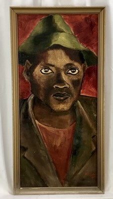 Lot 96 - South African oil on board, portrait of a man, signed M.V. Quin, inscription verso