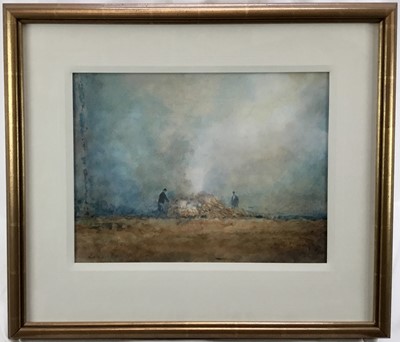 Lot 114 - John Bond (b. 1945) oil on board - Two figures and a bonfire