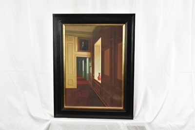 Lot 1137 - *Peter Kelly RBA NEAC (1931-2019) oil on canvas - The Red Vase, Christchurch Mansions Ipswich, monogrammed, titled to gallery label verso, 43cm x 30.5cm, in glazed frame