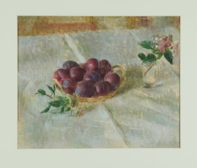 Lot 1156 - *Jacquline Rizvi (b. 1941) watercolour - Still Life, Plums in a Basket, initialled and dated '91, 28cm x 35cm, in glazed gilt frame