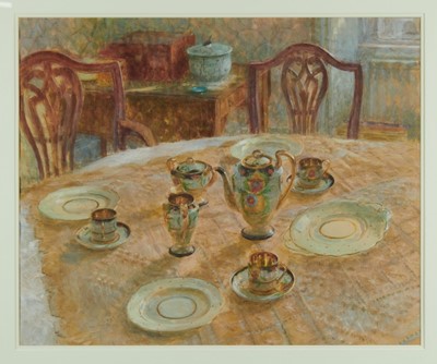 Lot 1155 - *Jacquline Rizvi (b. 1941) watercolour - Still Life, Black and Gilt Coffee Set, initialled and dated '88, 49cm x 60cm, in glazed gilt frame