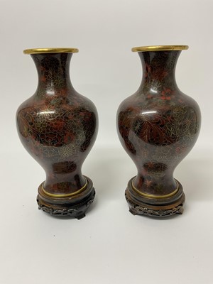Lot 225 - Large pair of Chinese cloisonné enamel vases on carved wooden stands