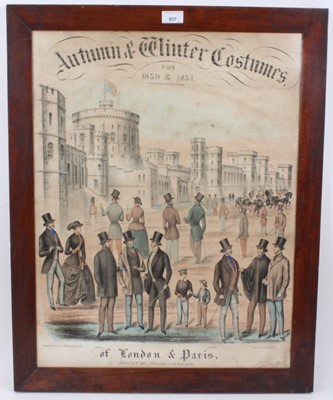 Lot 2649 - A rare Victorian fashion poster ‘Autumn & Winter Costumes for 1850 & 1851 of London & Paris' in a period mahogany frame.