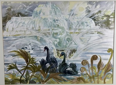 Lot 280 - English School, contemporary, watercolour - view of Kew Gardens with swans, monogrammed, 48cm x 64cm, in glazed frame