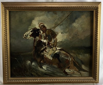 Lot 275 - English School, early 20th century, oil on panel - Cavalier on Horseback, 37cm x 45cm, in gilt frame.