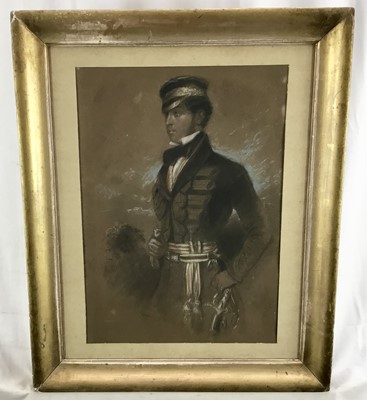 Lot 259 - Victorian English School pastel portrait of a young officer, c.1860, indistinctly signed, 43cm x 30cm, in gilt frames