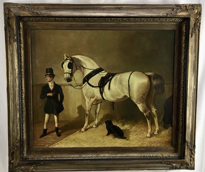 Lot 272 - Victorian-style oil on canvas, horse and groom in stable, 50cm x 61cm, in gilt frame