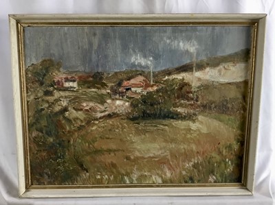 Lot 276 - Edith Jay, mid 20th century, oil on board - The Cement Works (view from Lancing College) labels verso, dated 1960, 33cm x 45cm, framed