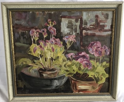Lot 219 - T. M. Kitwood, mid 20th century, oil on canvas - still life, "Primulas", signed and dated 1955 verso, 36cm x 41cm, framed