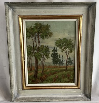 Lot 215 - Alejandro Gomez Leal, (1903-1979) oil on board - country landscape, signed, 25cm x 20cm, in painted and gilt frame