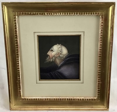Lot 254 - Finely painted 19th century gouache on paper, characterful monk, 11.5cm x 10cm, in gilt frame.