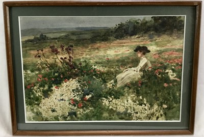 Lot 258 - Edwardian English School watercolour - a lady seated in poppy field, 17cm x 24cm, in glazed frame