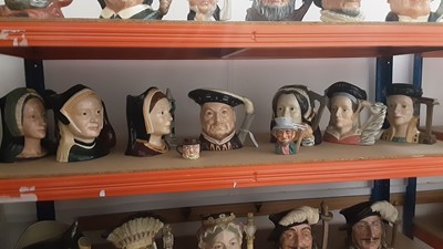 Lot 1259 - Collection of 17 Royal Doulton character jugs to include Henry VIII and his six wives, Queen Victoria, plus other Royal Doulton characters jugs and two other character jugs (19)