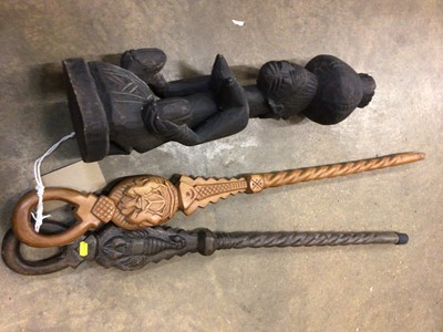 Lot 2698 - Group of African carved wooden sculptures, from Nigeria, together with a Benin style bronze, circa 1960.